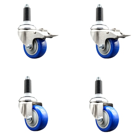 3.5 Inch 316SS Blue Polyurethane Swivel 1 Inch Stem Caster Lock Brake, 2PK